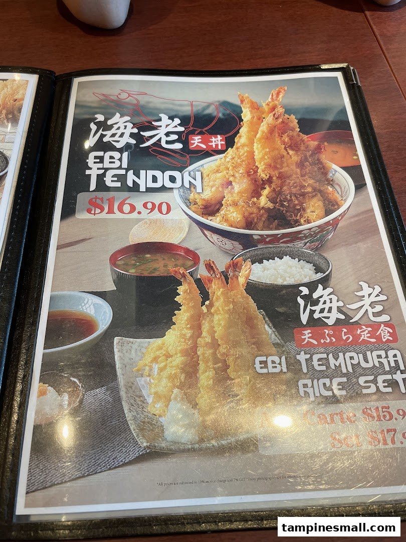 A menu page displaying delicious Ebi Tendon and Ebi Tempura Rice Set with prices.