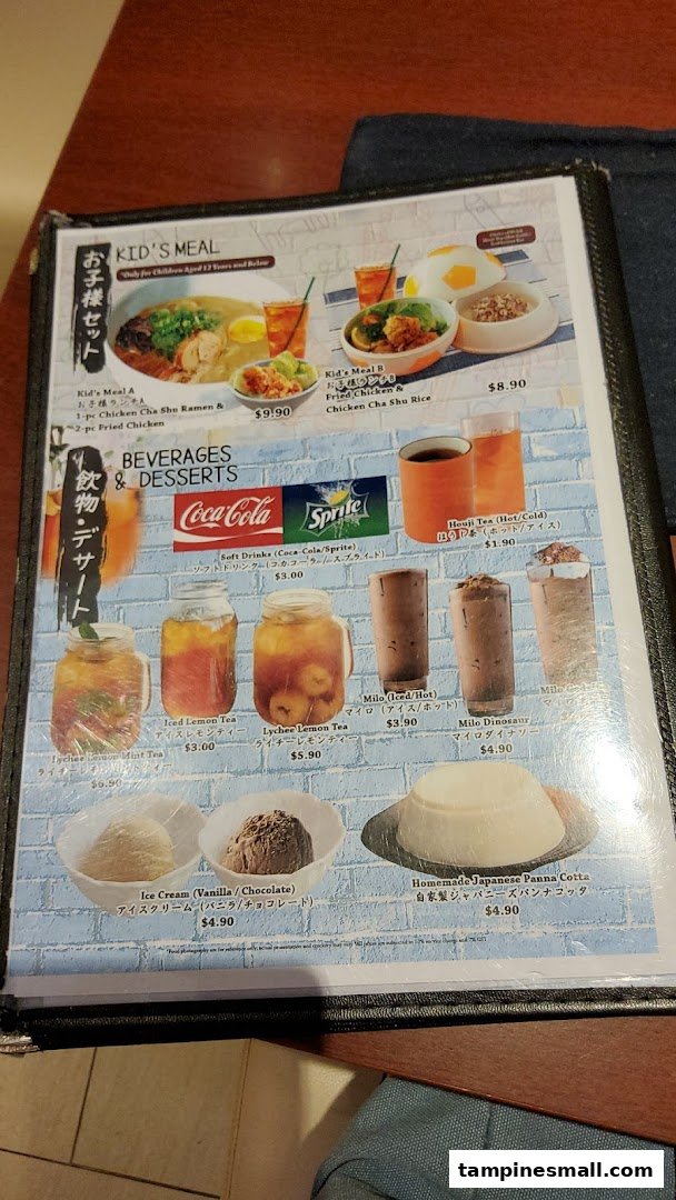 A detailed menu page displaying Kid's Meals, Beverages, and Desserts with prices.
