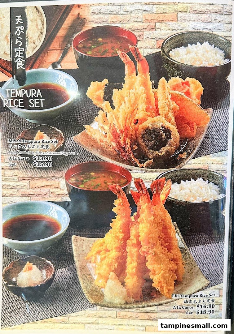 A menu page displaying two types of tempura rice sets with their prices and descriptions.