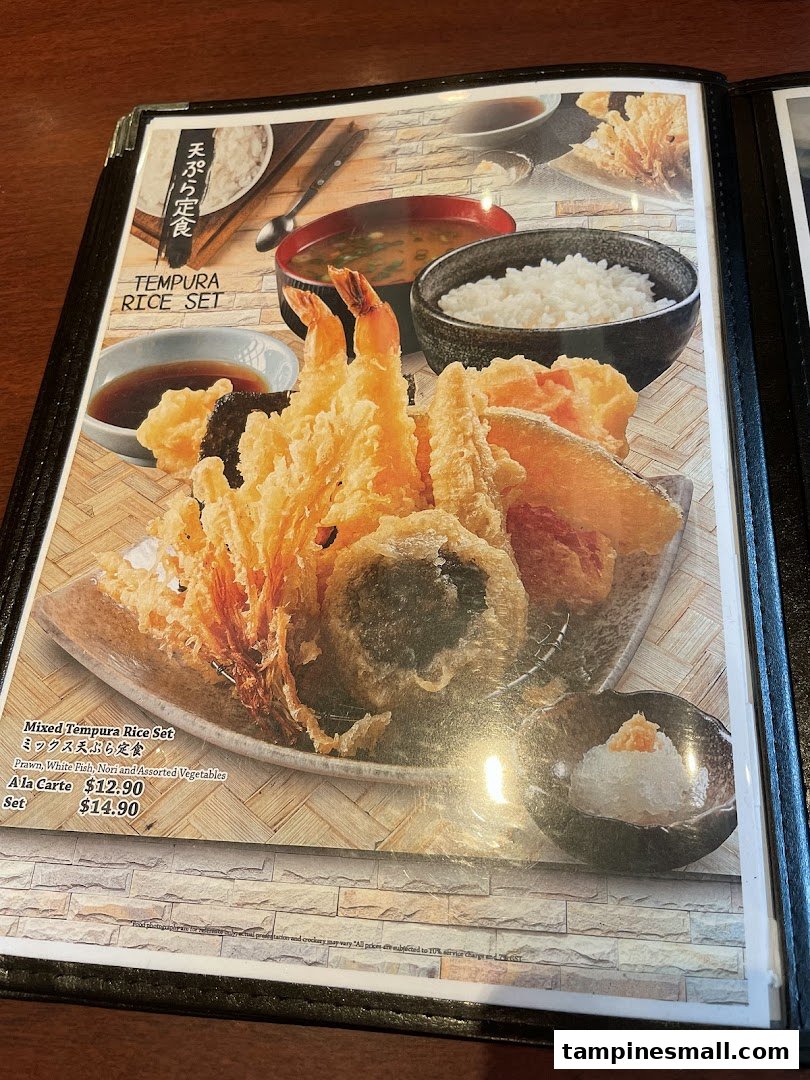 A menu page displaying a Tempura Rice Set with mixed tempura, rice, and soup.