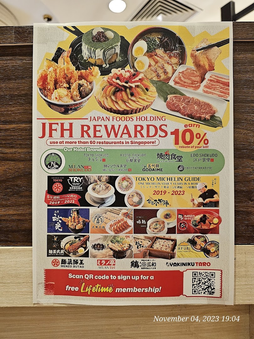 A poster showcasing Japan Foods Holding's rewards program and diverse Japanese restaurant brands.
