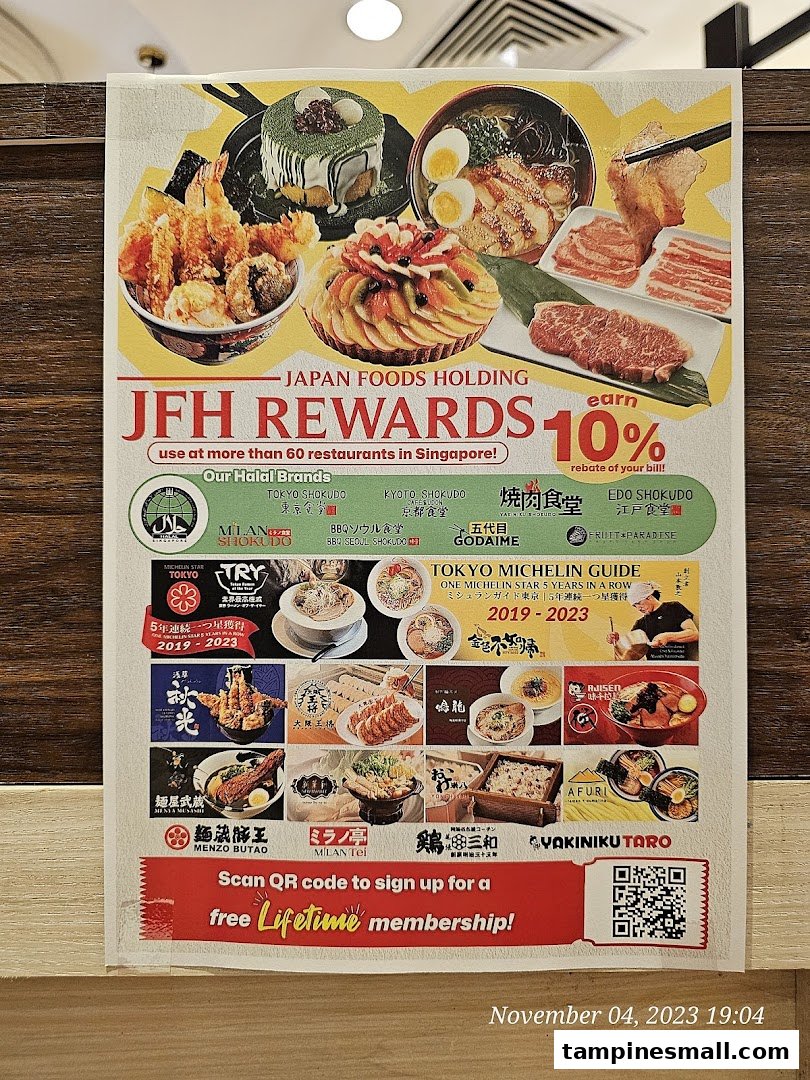 A poster showcasing Japan Foods Holding's rewards program and diverse Japanese restaurant brands.
