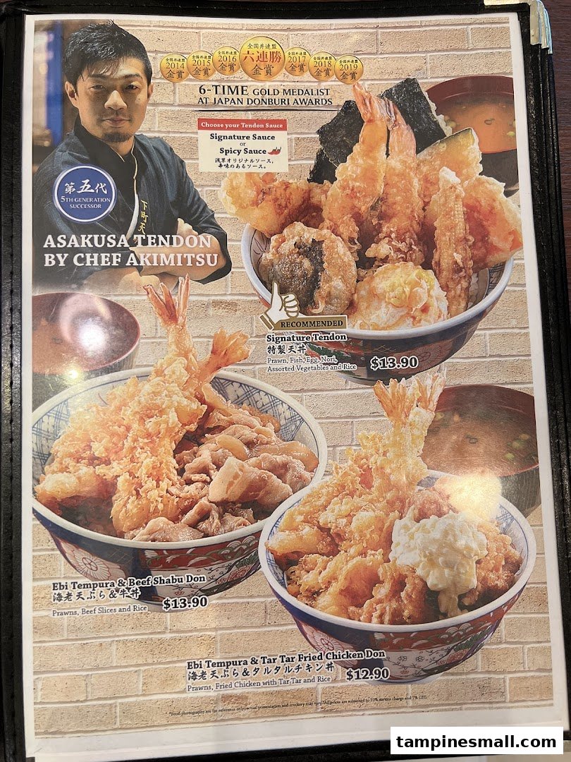 A menu page from Tokyo Shokudo featuring award-winning Tendon and Donburi dishes.