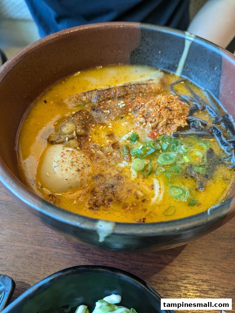 A close-up of a vibrant bowl of ramen with rich broth, an egg, meat, and fresh green onions.