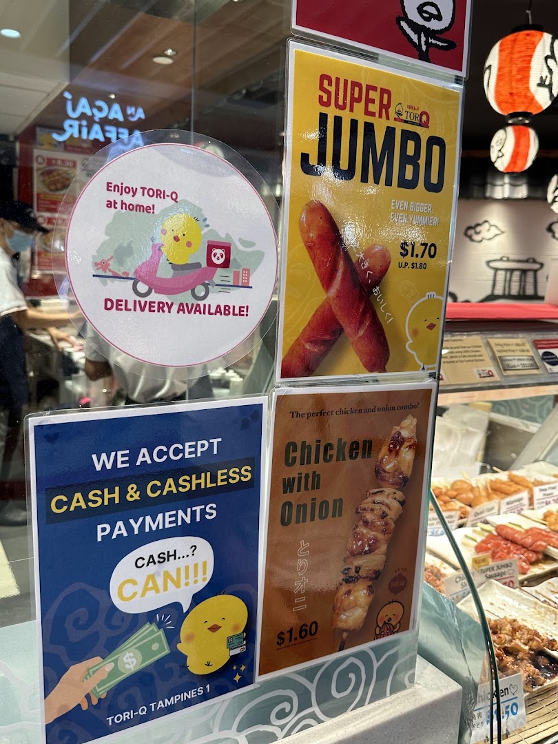 Promotional posters for TORI-Q displaying product specials, delivery options, and payment methods.