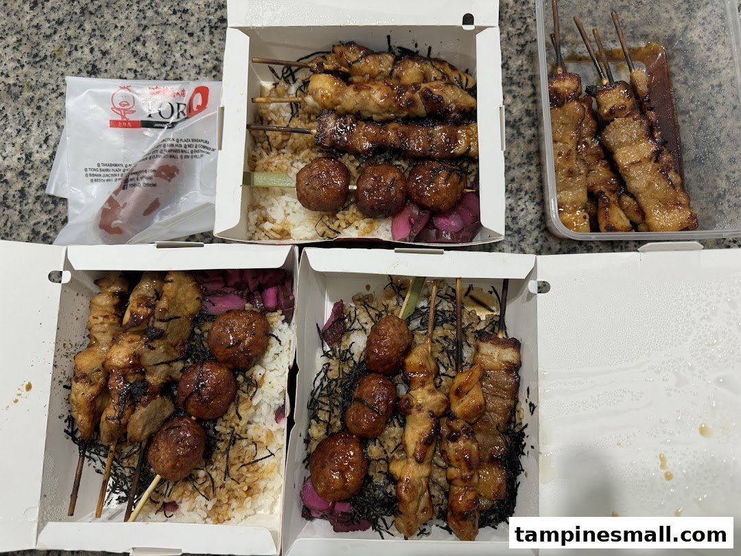 Delicious Japanese yakitori skewers and meatballs served with rice in convenient takeout boxes.