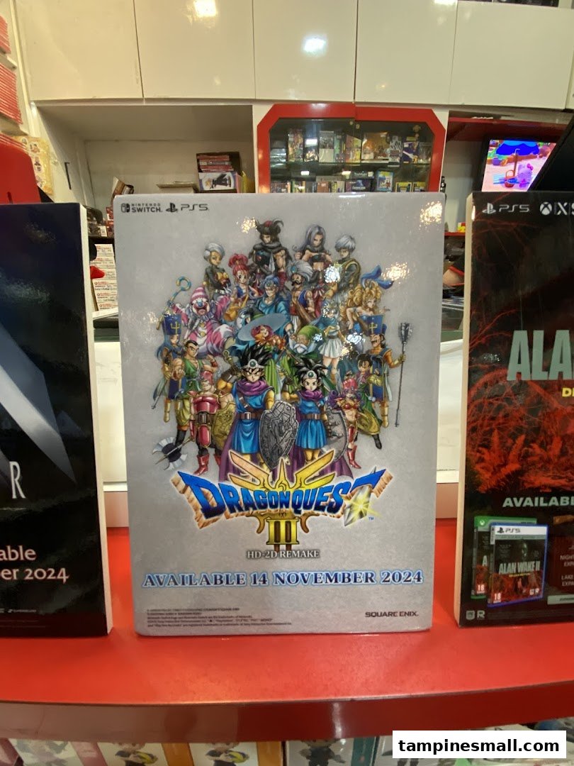 A large display for Dragon Quest III HD-2D Remake game inside a vibrant toy and game shop.