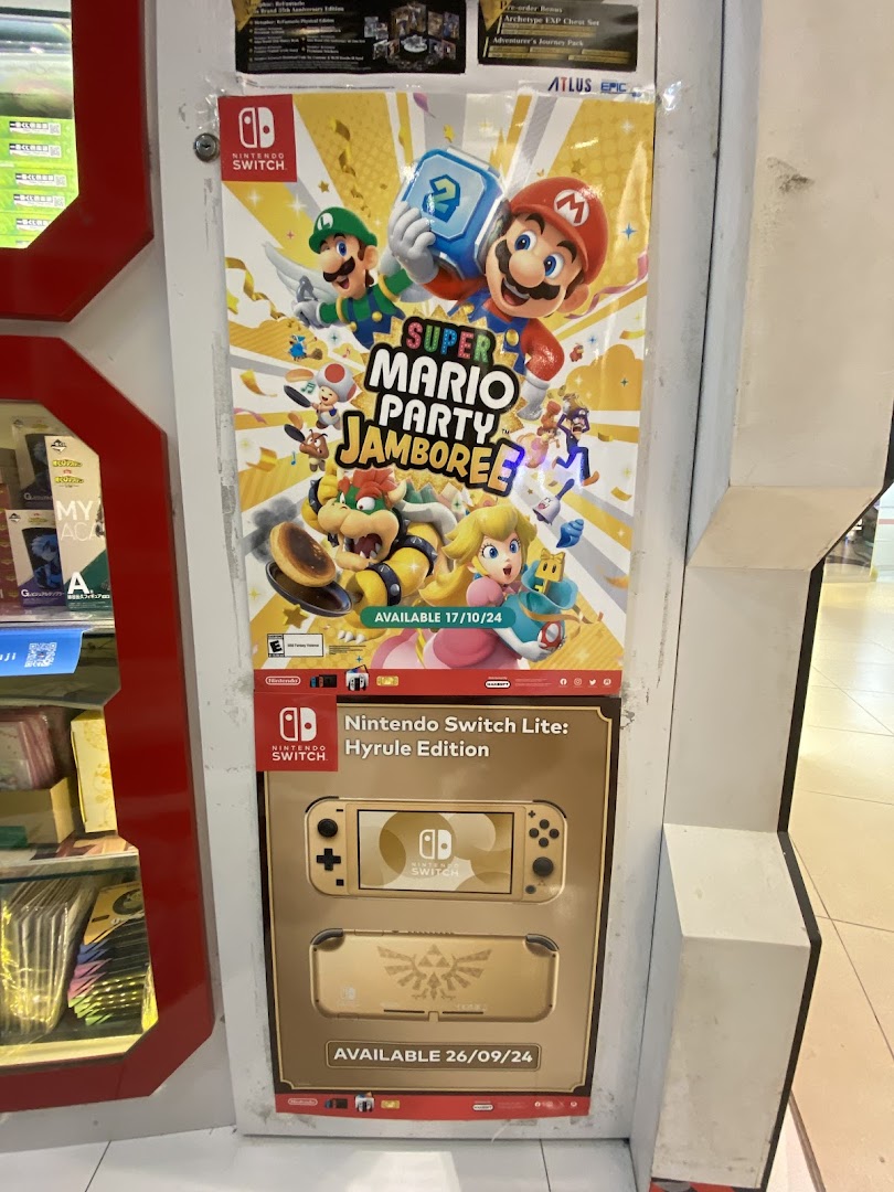 Promotional posters for Super Mario Party Jamboree and Nintendo Switch Lite Hyrule Edition.