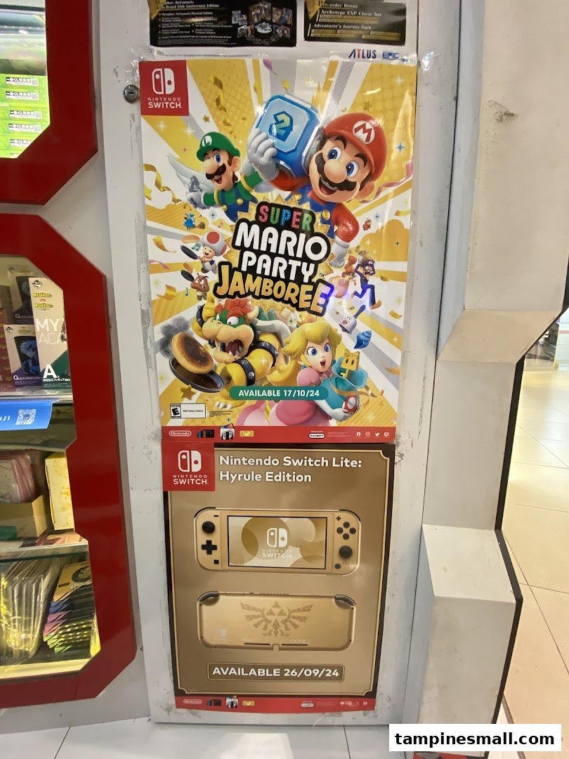 Promotional posters for Super Mario Party Jamboree and Nintendo Switch Lite Hyrule Edition.