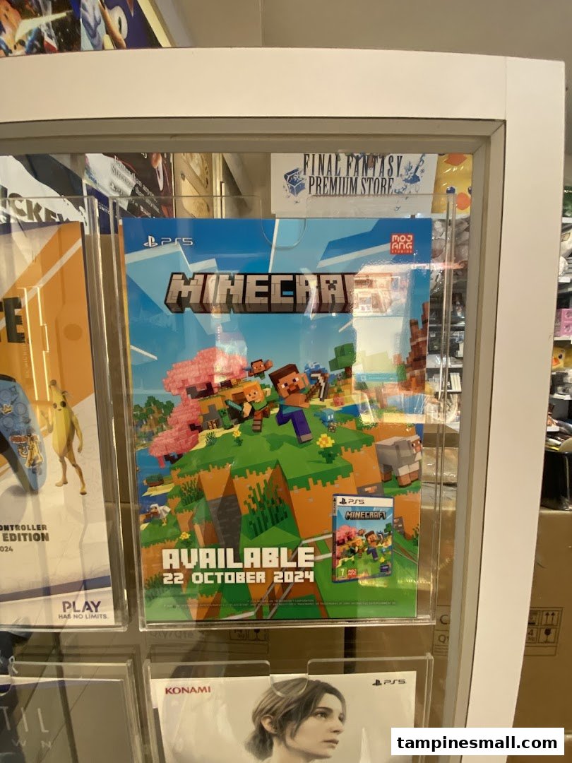 A display case featuring a 'Minecraft' PS5 game poster with an availability date.
