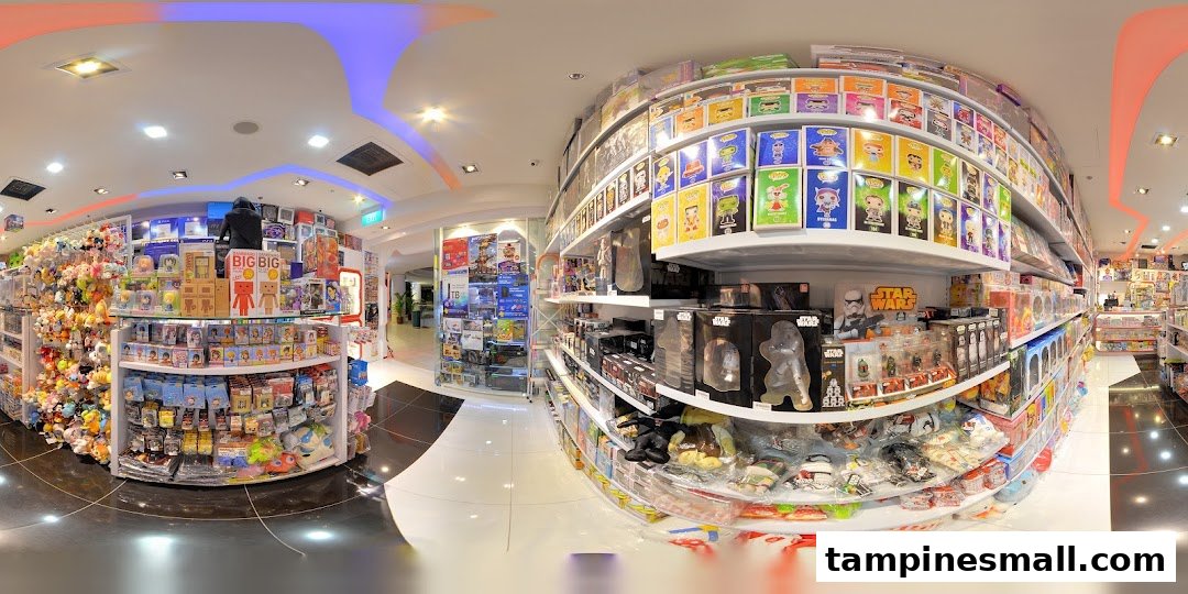 A vibrant interior view of a toy and game shop, showcasing shelves filled with collectibles, plush toys, and action figures.