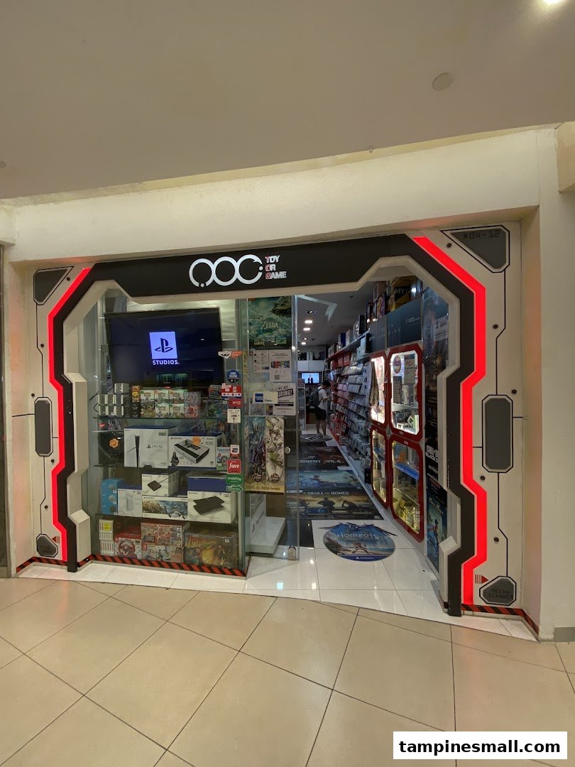 The futuristic storefront of 'Toy Or Game' showcasing gaming consoles, accessories, and merchandise.