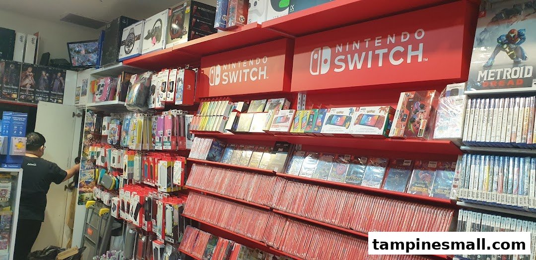 An interior view of a game store, showcasing shelves filled with Nintendo Switch games, consoles, and accessories.