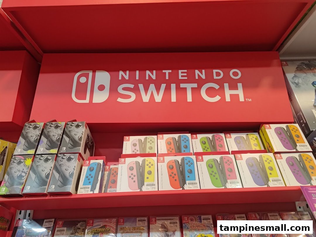 A vibrant display of Nintendo Switch consoles, Joy-Cons, and games on red shelves at Toy Or Game.