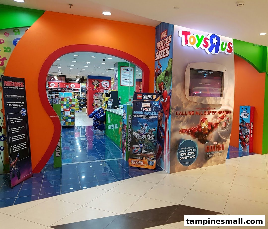 Vibrant entrance of ToysRUs at Tampines Mall, featuring colorful displays and promotional signage.