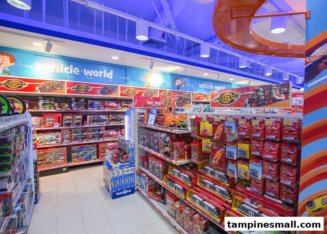 An aisle inside ToysRUs Tampines Mall, showcasing a wide selection of vehicle toys and playsets.