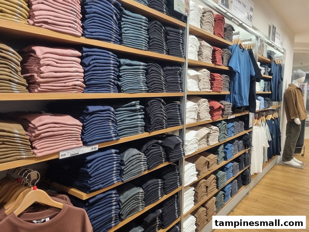 Neatly folded apparel in various colors displayed on shelves inside a UNIQLO store.