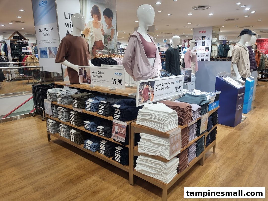 Mannequins display UNIQLO's AIRism collection with neatly folded apparel on wooden shelves.