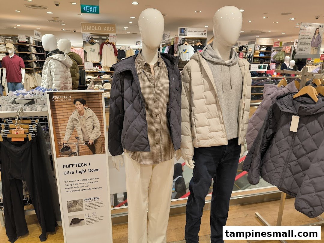 Mannequins display UNIQLO's PUFFTECH Ultra Light Down jackets, showcasing innovative lightweight outerwear in-store.