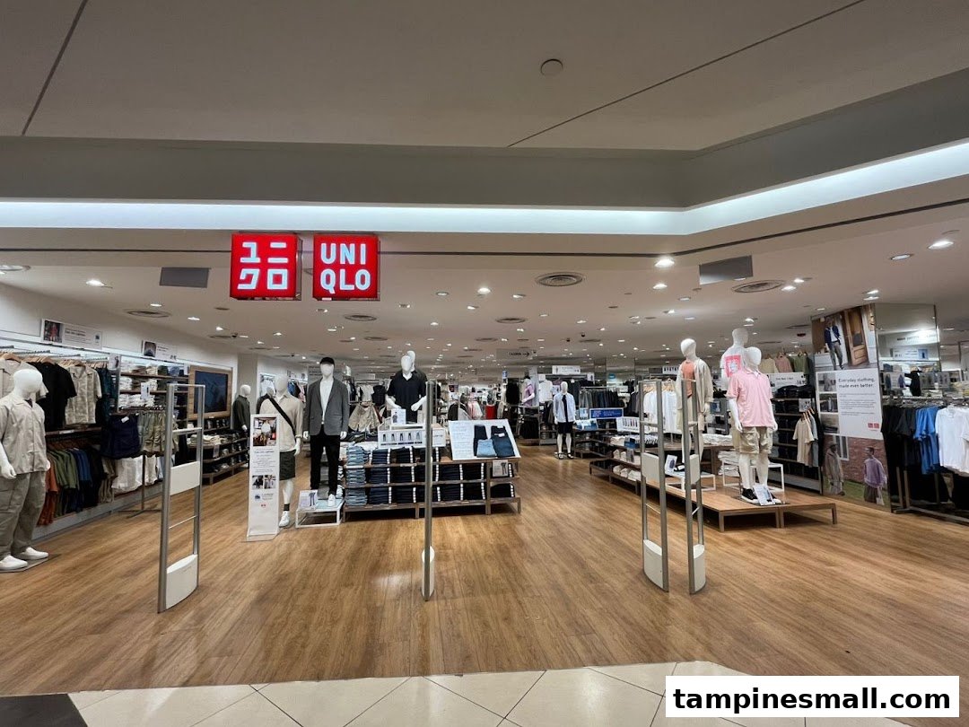 The entrance of a UNIQLO store showcasing clothing displays and mannequins on a wooden floor.