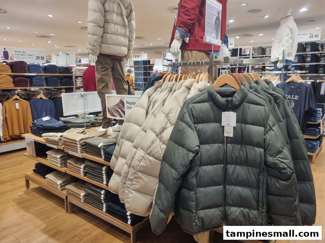 Interior view of UNIQLO featuring clothing displays, including Ultra Light Down jackets and folded apparel.