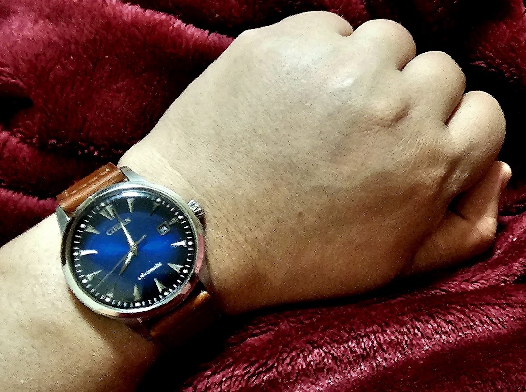 A wrist wearing a classic Citizen automatic watch with a blue dial and brown leather strap.