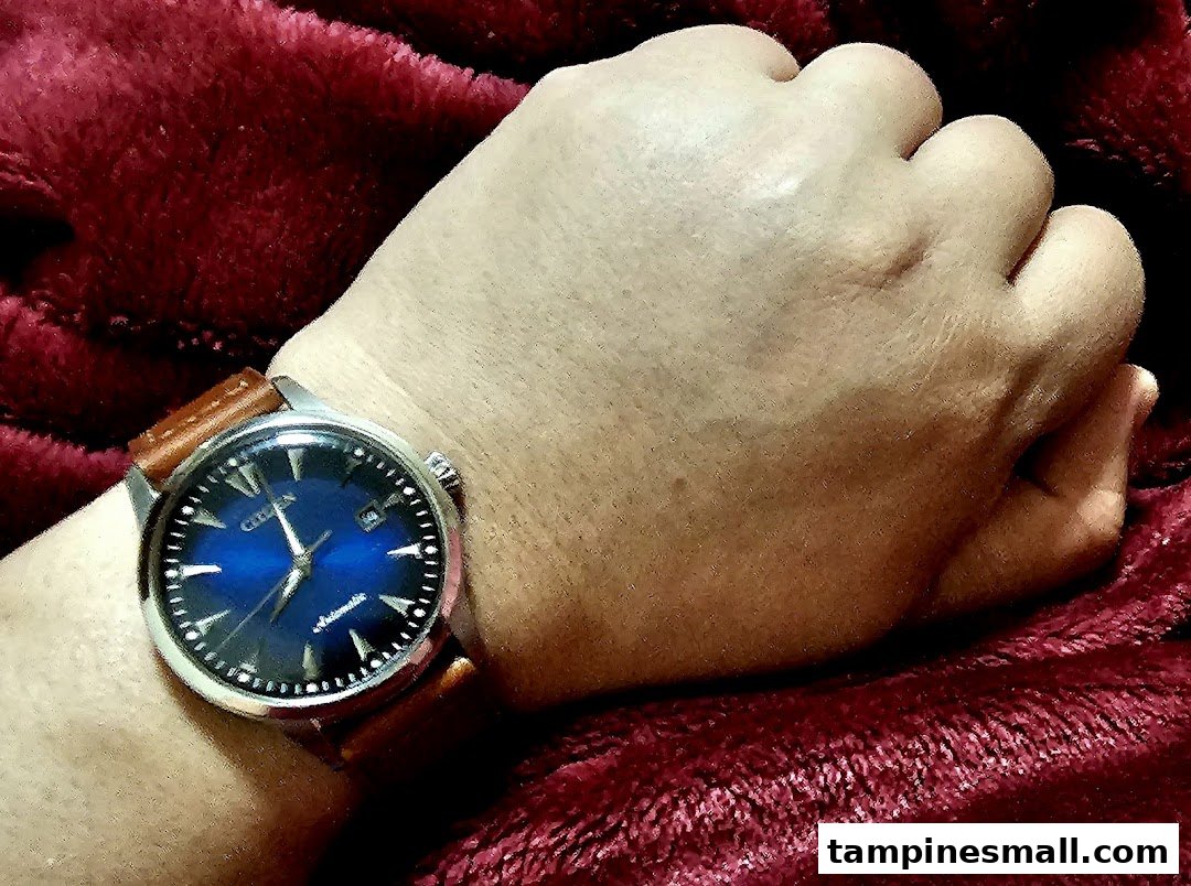 A wrist wearing a classic Citizen automatic watch with a blue dial and brown leather strap.