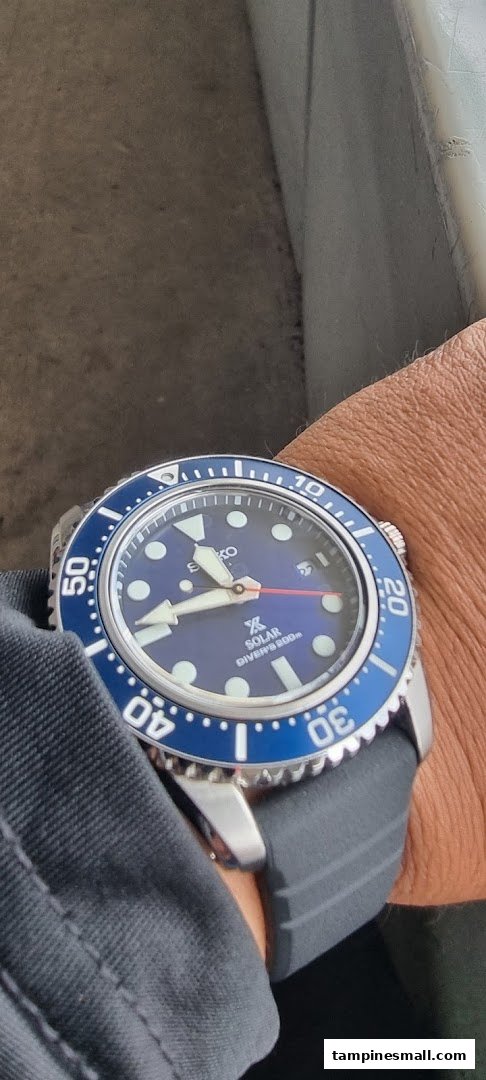 A close-up shot of a blue Seiko Solar Diver's watch worn on a person's wrist.