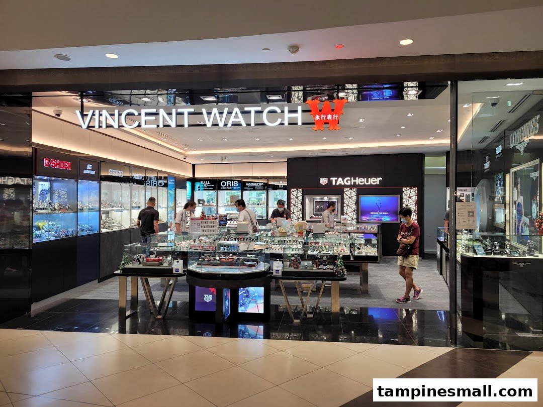 View of Vincent Watch shop entrance showcasing a wide array of luxury timepieces and popular watch brands.
