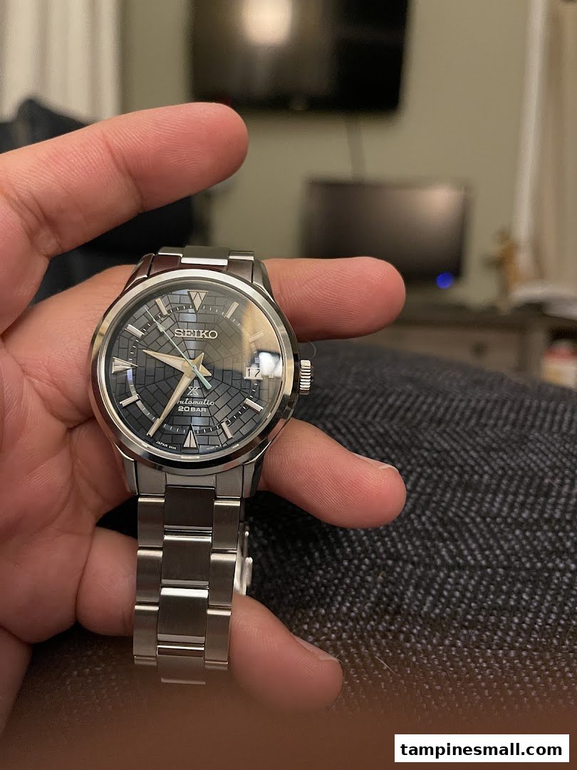 A hand holds a silver Seiko automatic watch with a distinctive patterned blue dial.