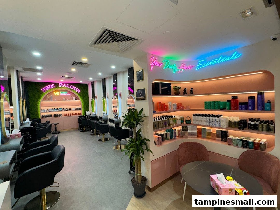 A vibrant, modern hair salon interior featuring styling stations, product displays, and neon signs.