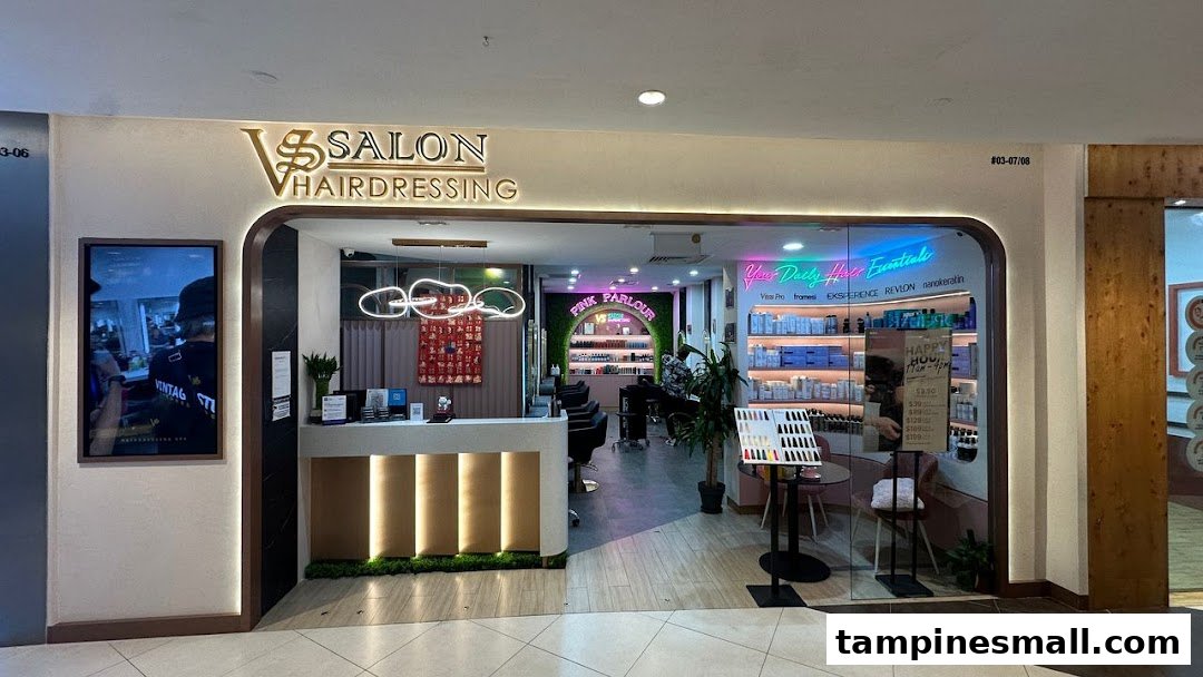 The inviting entrance of Vintage Studio VS Salon, a modern hairdressing studio with a stylish reception and visible interior.
