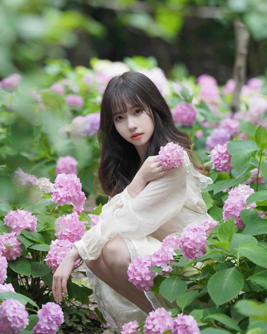 A young woman in a field of pink hydrangeas, embodying natural beauty and freshness.