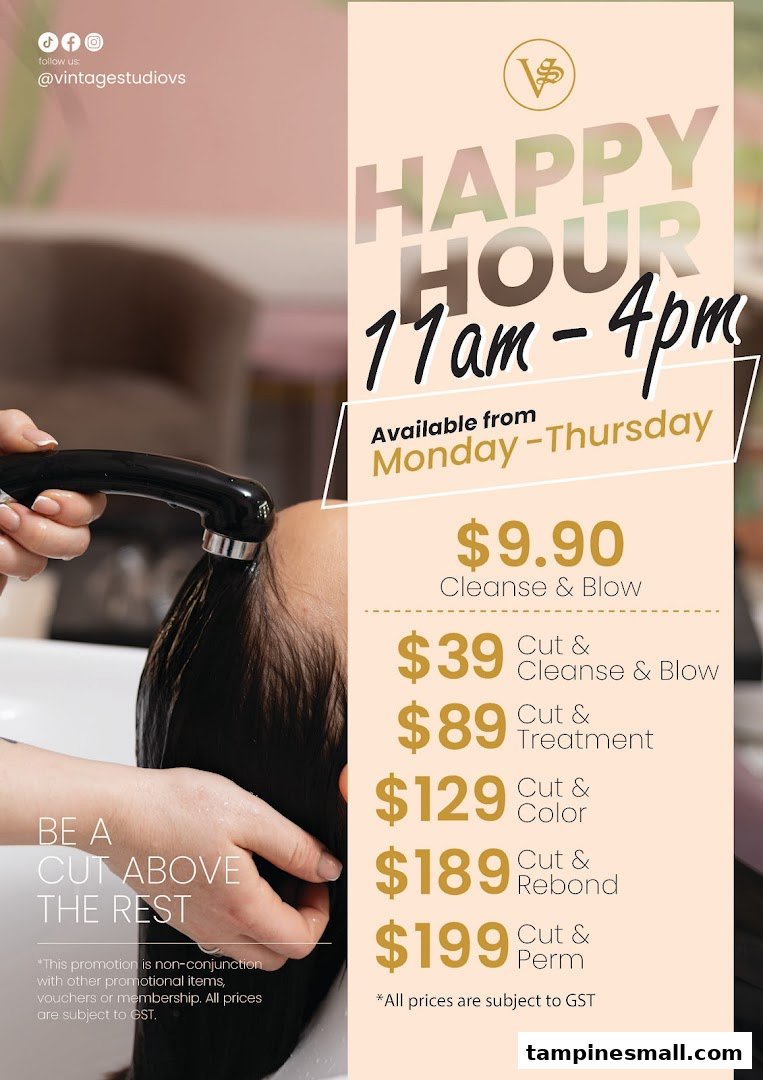 A promotional poster for Vintage Studio VS Salon's happy hour hair services and prices.