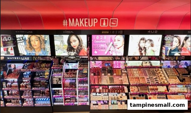 A vibrant display of makeup products from various brands like Maybelline, L'Oréal, and 1028 at Watsons.