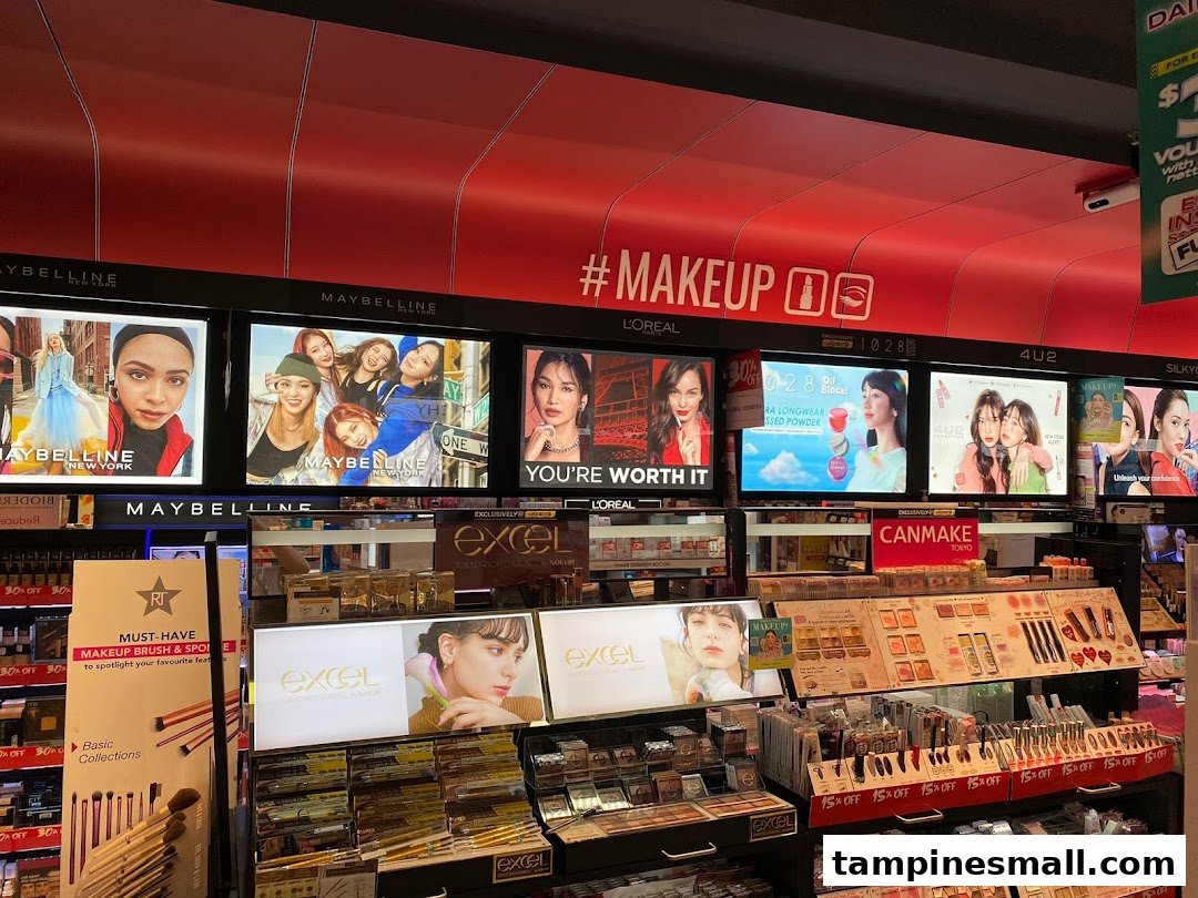 A vibrant interior view of Watsons' makeup section, showcasing various beauty brands and promotional displays.