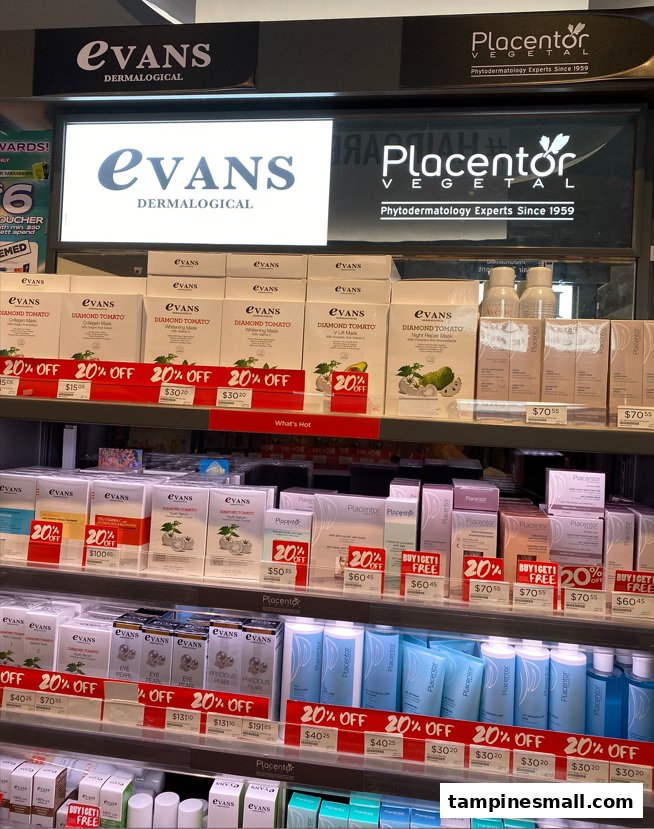 Shelves displaying skincare products from Evans Dermalogical and Placentor Vegetal with discount signs.