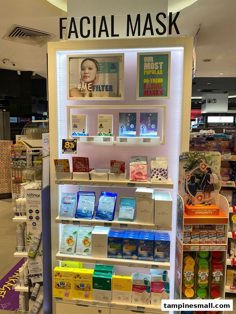 A brightly lit display showcasing a wide variety of facial masks and skincare products inside Watsons.