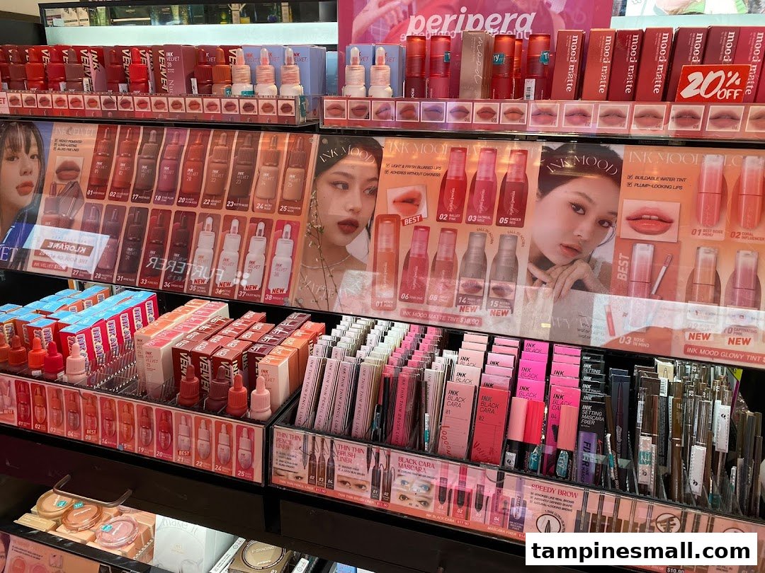 A vibrant display of Peripera cosmetics, featuring lip tints, mascaras, and other makeup products.