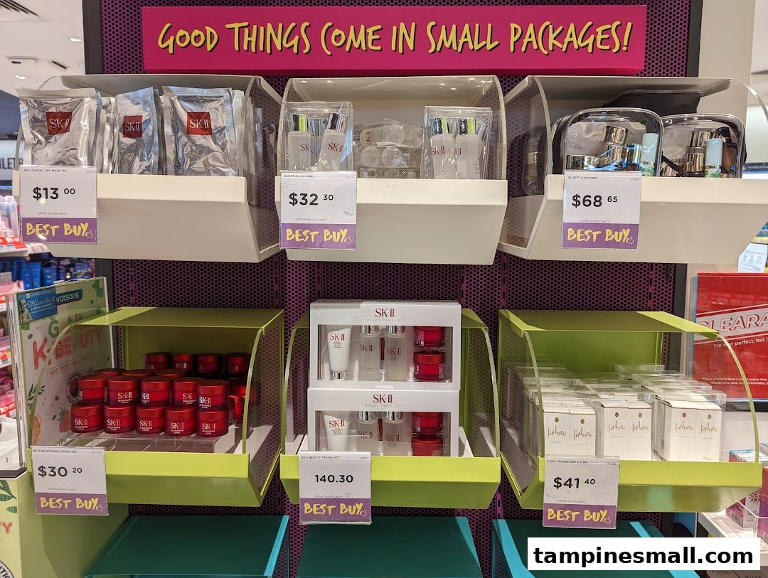 A display of SK-II and J'adore beauty products with 'Best Buy' prices inside a retail store.