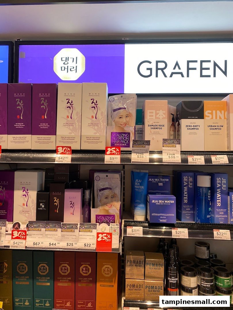 Shelves displaying a variety of hair care products, including shampoos, treatments, and styling products.