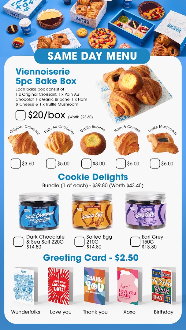 A vibrant menu displaying pastries, cookies, and greeting cards from Wunderfolks Pastry and Coffee.