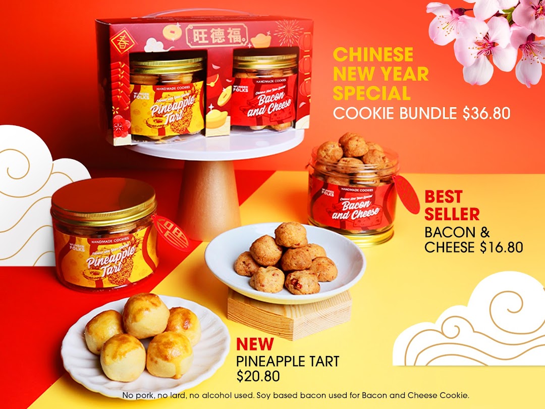A vibrant display of Wunderfolks' Chinese New Year cookies and tarts with prices.