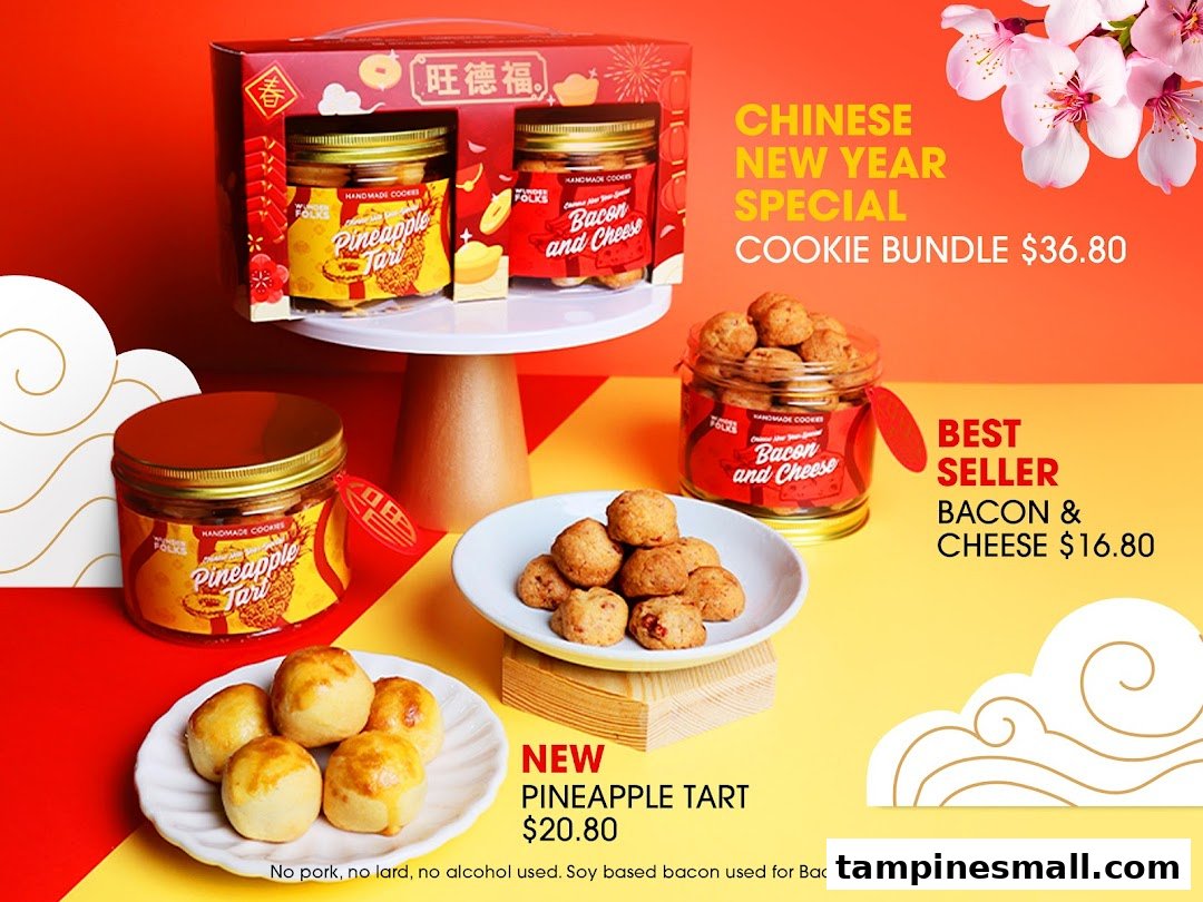 A vibrant display of Wunderfolks' Chinese New Year cookies and tarts with prices.