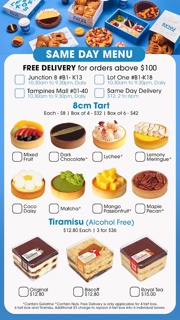A vibrant menu displaying various tarts and tiramisu options with pricing and delivery information.