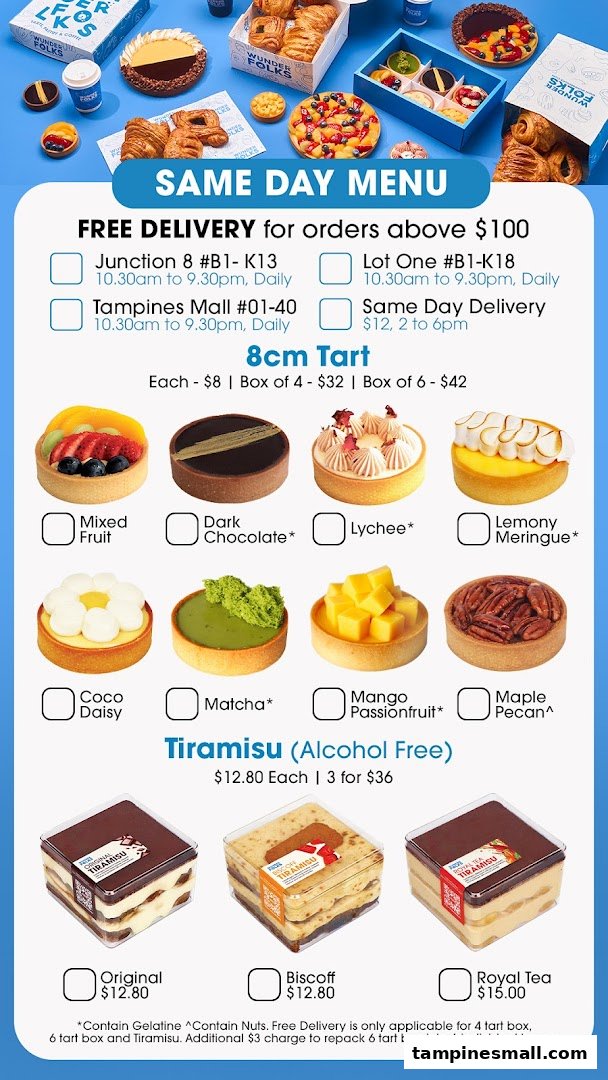 A vibrant menu displaying various tarts and tiramisu options with pricing and delivery information.