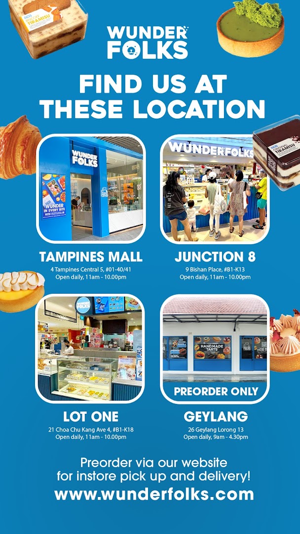 A promotional graphic showcasing Wunderfolks' multiple store locations, operating hours, and delicious pastry offerings.