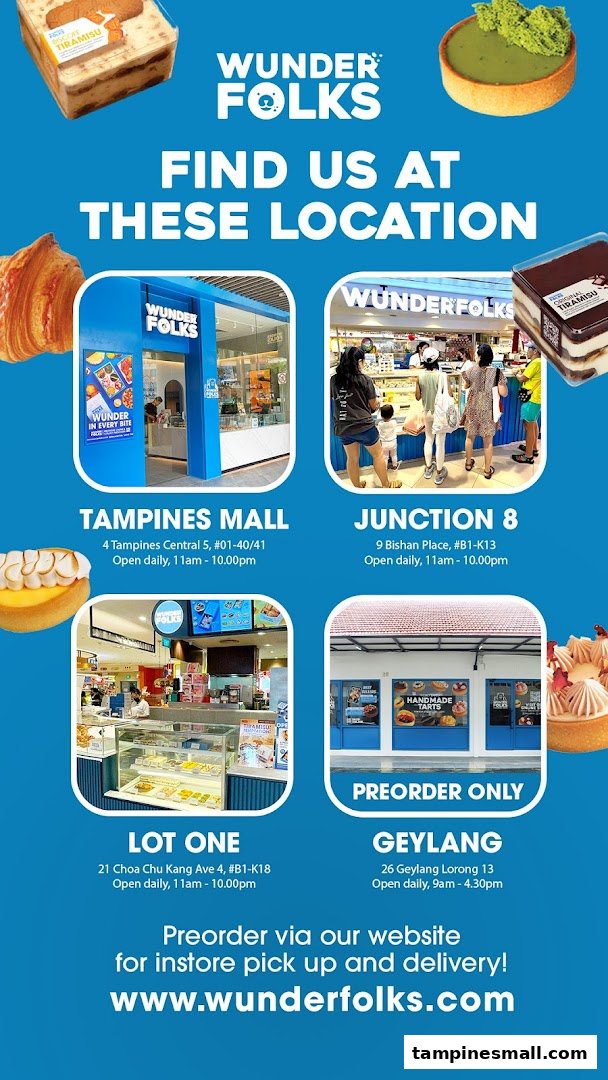 A promotional graphic showcasing Wunderfolks' multiple store locations, operating hours, and delicious pastry offerings.