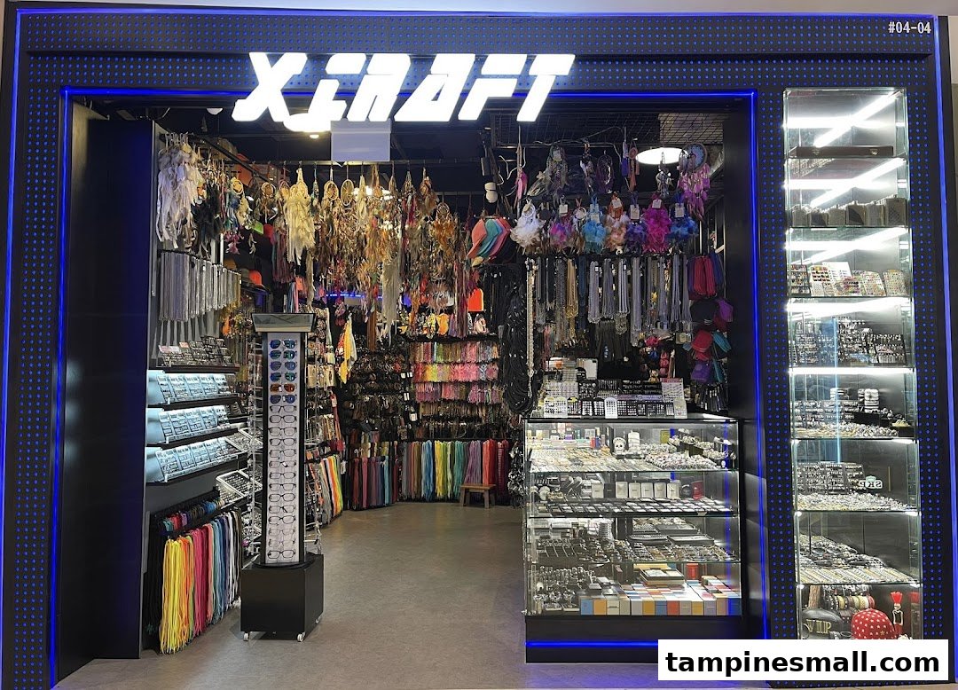 The X-Craft shop front displays a wide array of accessories, jewelry, and colorful crafts.