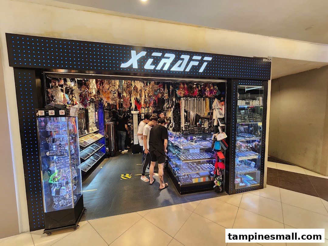 The storefront of X-Craft, an accessories and novelty shop, with customers browsing inside.